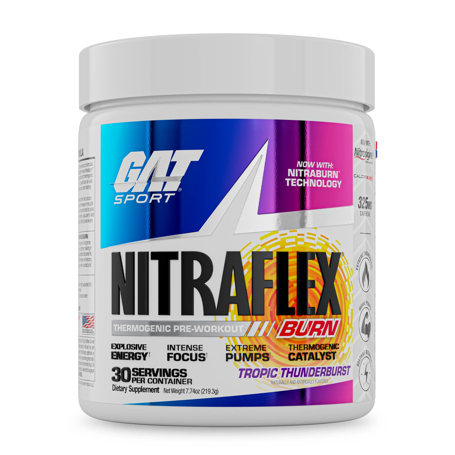 GAT SPORT NITRAFLEX Burn, Pre Workout Thermogenic Powder, Tropic Thunderburst, 30 Servings