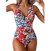 B2prity One Piece Swimsuit for Women Tummy Control V Neck Bathing Suit Ruched Slimming Swim Suit Push Up Swimwear
