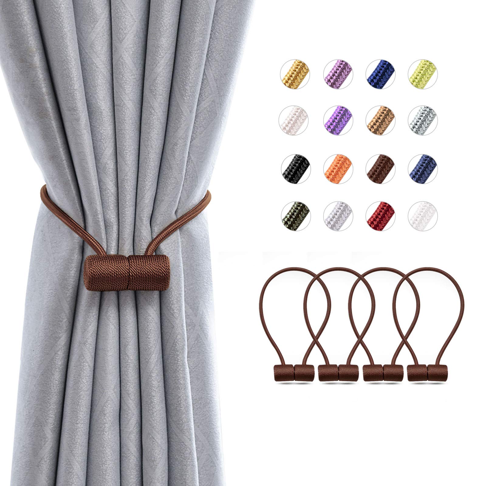 Pretty Jolly 4 Pack Magnetic Curtain Tiebacks 16 Inch Modern Handmade Weave Rope Curtain Holdbacks Convenient Decorative Curtain Drape Tie Backs for Home and Office Window Drapery (Deep Coffee)