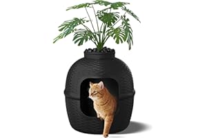 KEYGARZONE Cat Litter Box Enclosure with Faux Plant & Real Stones, Hidden Litter Box with Odor Control Carbon Filter, Home DIY Decor Furniture for Large Cat, Black