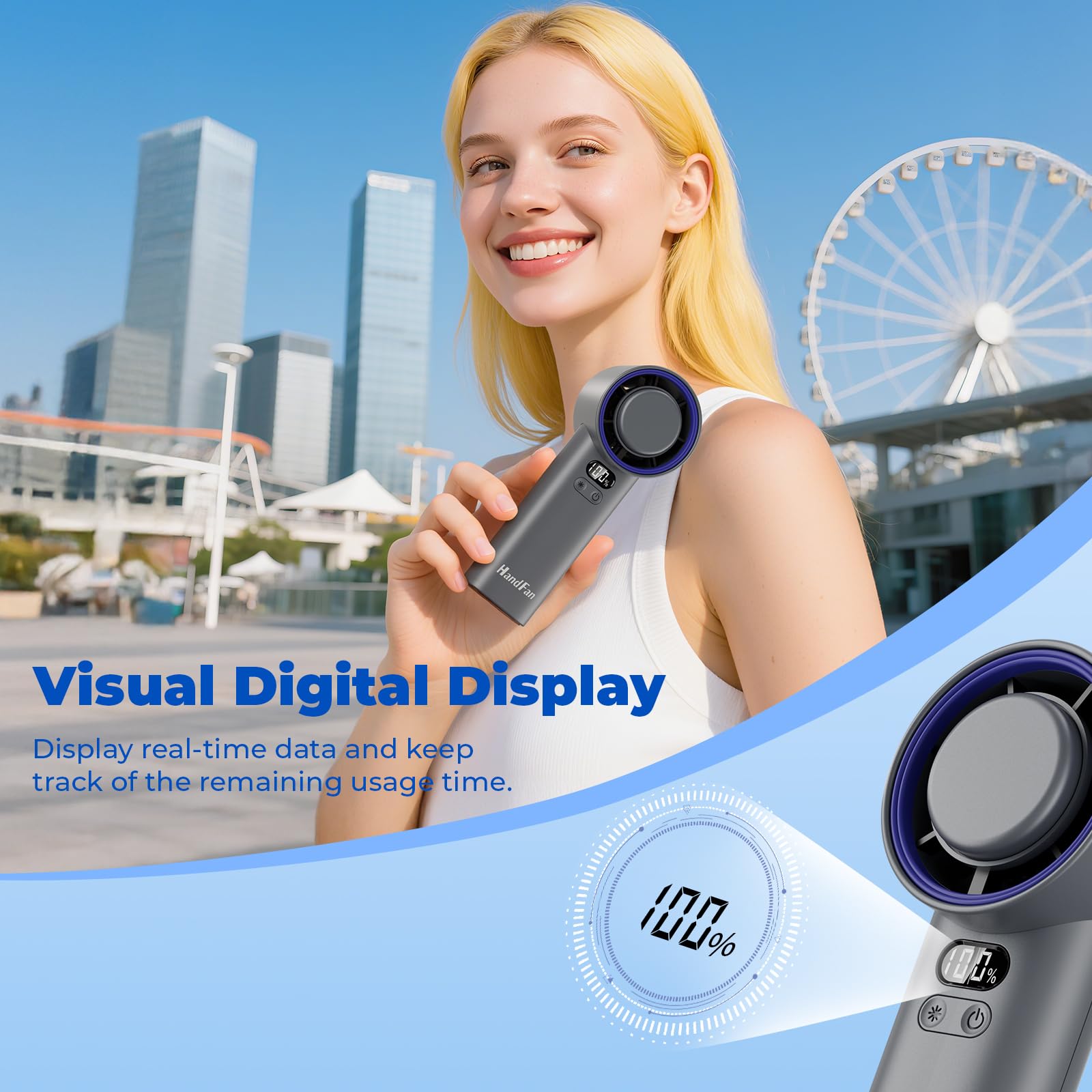 HandFan 5200mAh High Speed Handheld Turbo Fan, 13000 RPM Powerful Cooling Ice Fan, Portable Mini Fans Rechargeable, 100 Speeds Adjustable, for Summer Beach Travel Concerts, Gifts for Women(Gray)