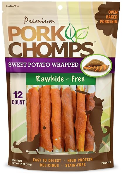 PORK CHOMPS BAKED PORK SKIN DOG CHEWS, 5 INCH MINI TWISTS, 12 COUNT – SWEET POTATO WRAP – LONG-LASTING TREATS FOR DOGS – HIGH PROTEIN, RAWHIDE-FREE, LOW FAT, HEALTHY & DELICIOUS CHEWS