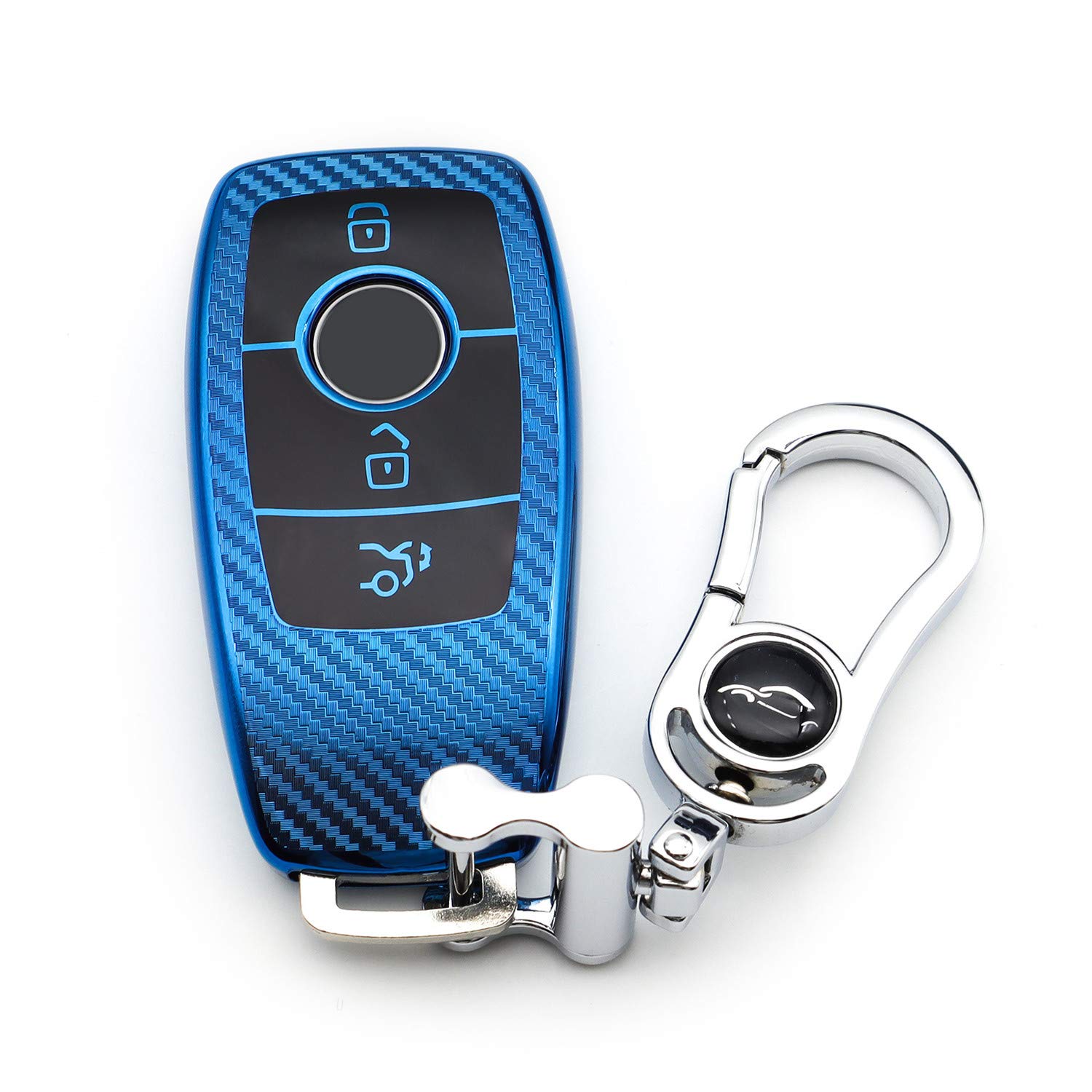 M.JVisun Soft Carbon Fiber Finish Car Key Fob Cover For Mercedes-Benz 2019-2022 A Class C Class G Class 2017-2022 E Class 2018-2021 S Class Electroplated TPU Case With Metal Keychain - Blue
