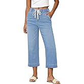 GRAPENT Capris Jeans for Women Trendy Wide Leg Capri Pants High Waisted Pull On Elastic Waist Summer Stretch Denim Jeans