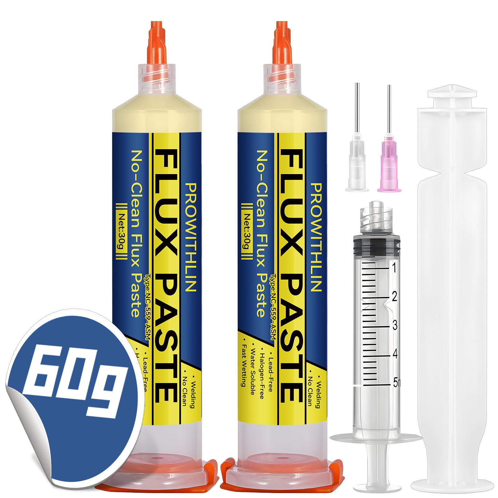 prowithlin Solder Flux, 60 ml, 2pack Soldering Flux with 2 Needles, 1 Pusher, 1 Syringe - 60 g No Clean Flux Soldering Paste for BGA/IC/CPU/PCB/SMD Repair and DIY Projects