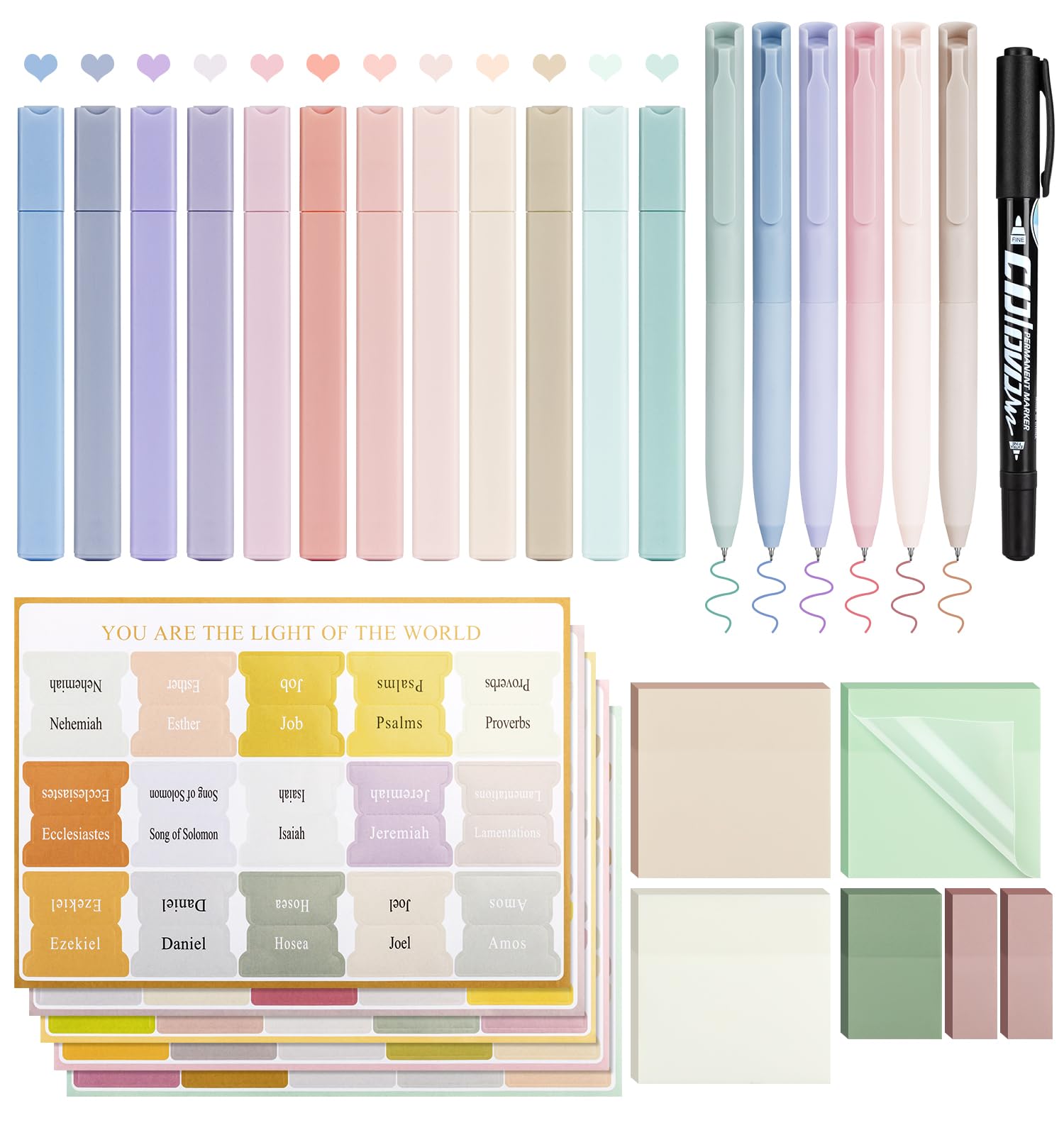 Photo 1 of 30 Pcs Bible Journaling Kit, Colored Bible Study Supplies, 12 Pastel No Bleed Highlighters and 6 Colored Pens, Transparent Sticky Notes and Bible Tabs Set and More, Book Annotation Kit for Women & Men