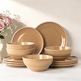 ArtHom Dinnerware Sets for 4, 12 Piece Stoneware Plates and Bowls, Brown | 12 piece stoneware set for 4 with concentric texture; dinner plates, salad plates and bowls, microwave and dishwasher safe.