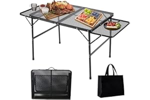 HCSH&WILL Folding Grill & Camping Table, Height-Adjustable Portable Metal Surface for Picnics, BBQs, Outdoor, Patio, Garden, and Parties (with Wing Plates 3Ft)
