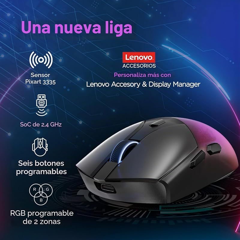 Legion M410 - Ratón Gaming Inalámbrico RGB (6 Botones, Luz RGB de 2 Zonas, 16.000 dpi, 400 IPS, Batería Recargable de 53 Horas, Compatible con NVIDIA Reflex) - Negro Transparente