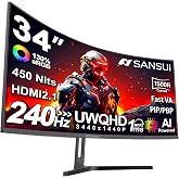SANSUI 34 Inch Curved Monitor 240Hz UWQHD 3440&times;1440 Gaming Monitor | 21:9 2K Curved1500R,HDR400,Fast VA, PIP/PBP,AI Crosshair,AIPQ(Visual Enhance),MPRT 1ms,HDMI2.1*2,DP1.4*2(HDMI Cable Included)
