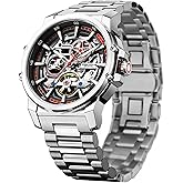 FORSINING Men's Luxury Automatic Skeleton Mechanical Watch, Industrial Style Self-Winding Hollow Watches with Tourbillon & Luminous Function, Stainless Steel Strap Mens Wristwatch