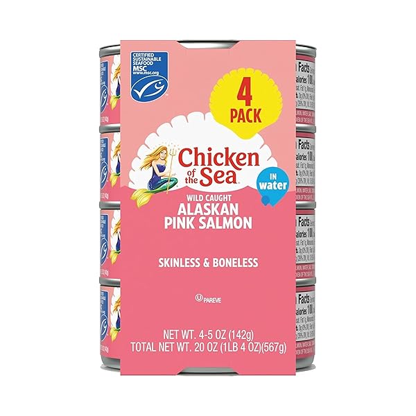 CHICKEN OF THE SEA ALASKAN PINK CANNED SALMON IN WATER, 5 OUNCE CANS, 4-COUNT – HIGH PROTEIN SKINLESS & BONELESS WILD CAUGHT SALMON – DELICIOUS WILD SALMON FOR BURGERS, PASTA, & MORE