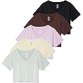 Real Essentials 5 Pack: Women's Dry-Fit Short Sleeve V-Neck Crop Top Boxy Athletic Tee