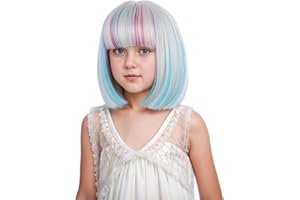 DUDUWIG Child Blonde Mixed Pink Blue Wig Kid Short Rainbow Straight Wig Colorful Wigs with Bangs for Girls Hairnet Include