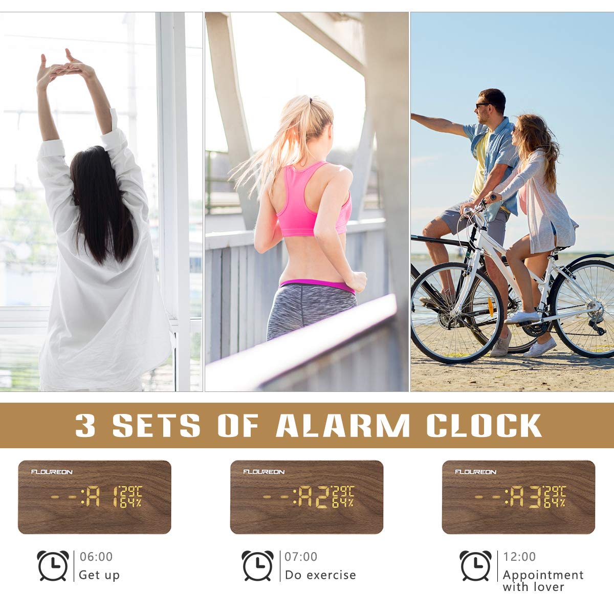 FLOUREON Digitale Wecker, Funk Wecker, LED Display Holzuhr mit 2 Stromversorgungsmodi, 3 Helligkeit, Datum Uhrzeit, Temperatur und Luftfeuchtigkeit (Bambus)