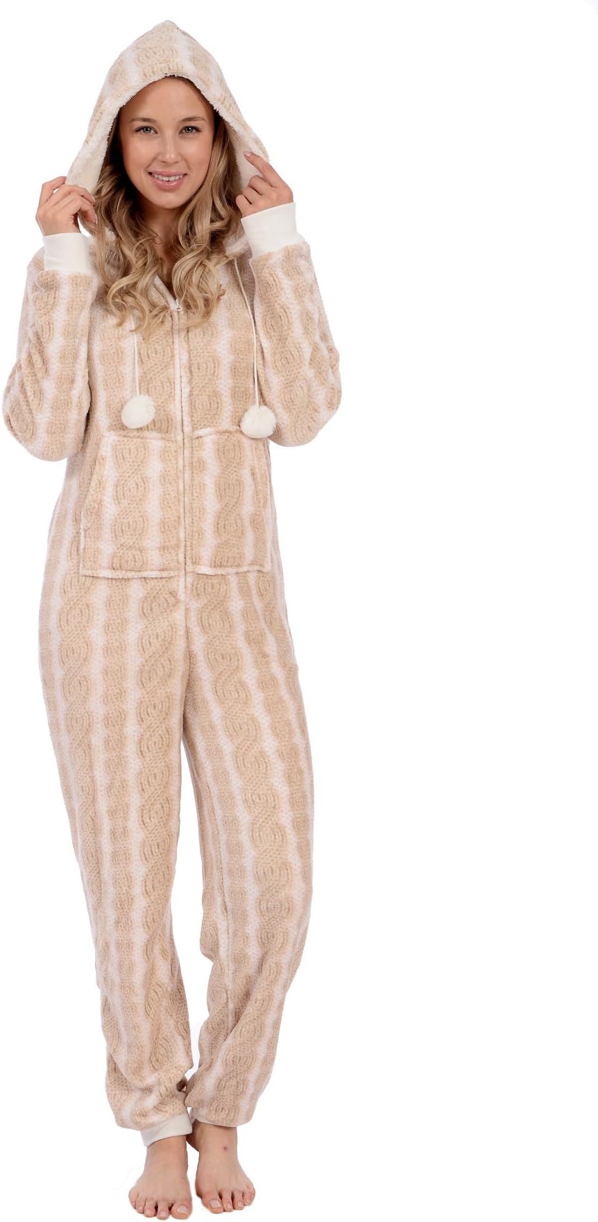 Women's Body Candy Wonderful Winter Hooded One Piece Plush Onesie (Cream Pom-Pom, Small)