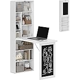HOMCOM Foldable Desk Wall Mounted Convertible Table for Small Spaces, White | Murphy Desk, Small Study Desk w/ Bookshelf, Hidden Table w/ Storage Craft Cabinet, Fold Out Sewing Table, Space Saving