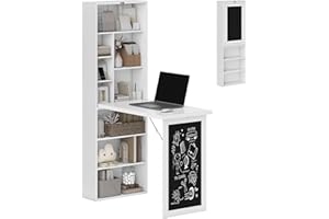 HOMCOM Fold-Out Convertible Computer Desk, Wall Mount Office Desk with Blackboard and Side Shelf, Study Table with Bookshelf 