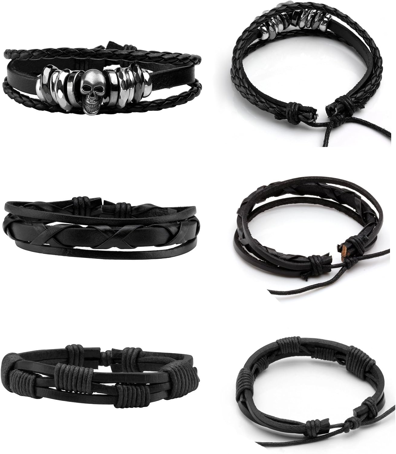 MILAKOO 6 Pcs Leather Bracelet Black Brown Braided Wide Wristband Women Men Punk Jewelry Skull, A1: 6 Pcs, 7.5-9.5 inches - Image 3