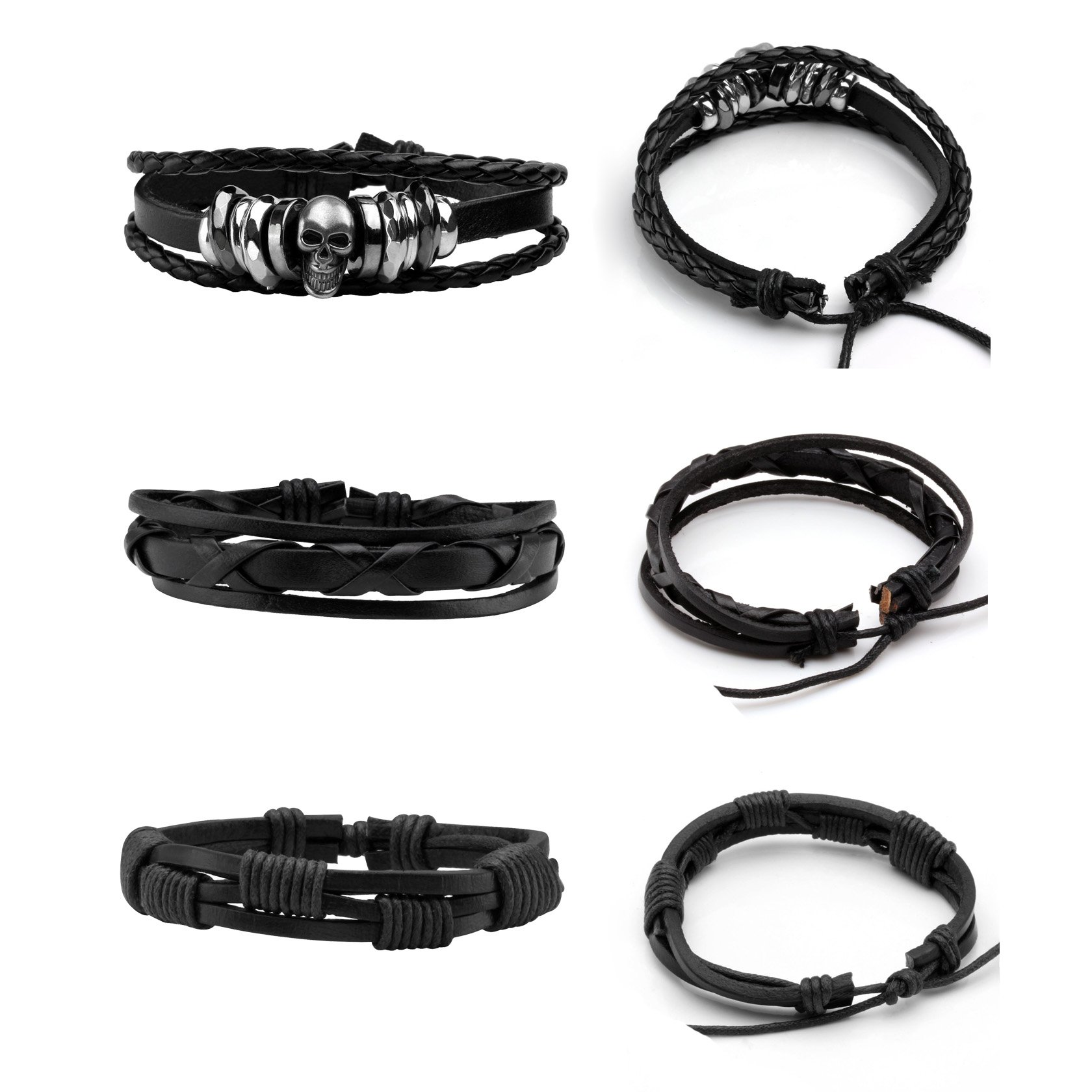 MILAKOO 6Pcs Punk Leather Bracelets for Women Men Braided PU Wristband Skull Skeleton Accessories