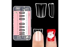 NOVO OVO Duck Feet Nail Tips for Small and Medium Hand, Extra Short Full Cover Press On Acrylic, Clear Full Coverage Thick Flare French Soft Gel Fake False Nail Extension x 12 Sizes 120 pcs