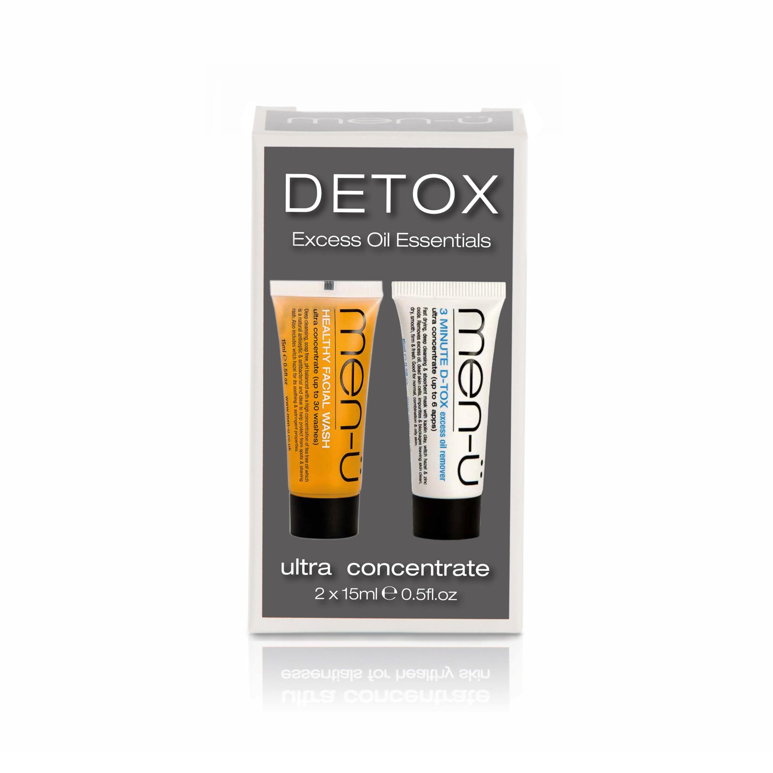 men-u D-TOX FACIAL ESSENTIALS 2 x 15ml mens skincare ultra-concentrate buddy tubes â€“ Combat oily skin with 3 Minute DTOX & Deep Cleanse with Healthy Facial Wash 15ml