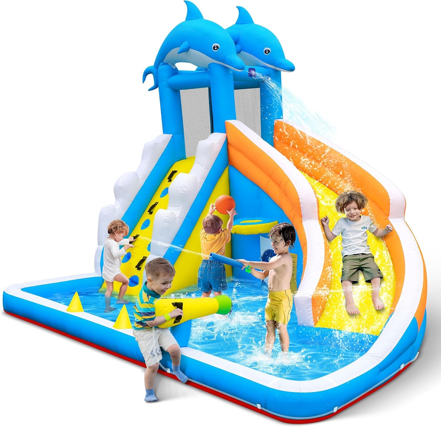 Photo 1 of TOAOB Inflatable Water Slide,5 in 1 Dolphin Inflatable Bounce House for Kids- Climbing Wall Splash Pool Water Cannon Basketball Rim - 480W Blower - for Indoor Outdoor Backyard Birthday Party