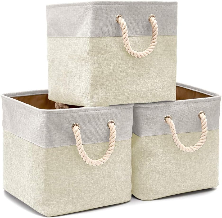 Collapsible Storage Cube Basket [3-Pack] EZOWare Foldable Canvas Fabric Tweed Storage Bin Set with Handles for Home Office Closet (33 x 33 x 33cm) (Cream)