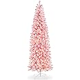 Best Choice Products Flocked Pink Pencil Christmas Tree, Pre-Lit Slim Artificial Holiday Decoration, 12ft Lighted Skinny w/Base, Warm White Lights
