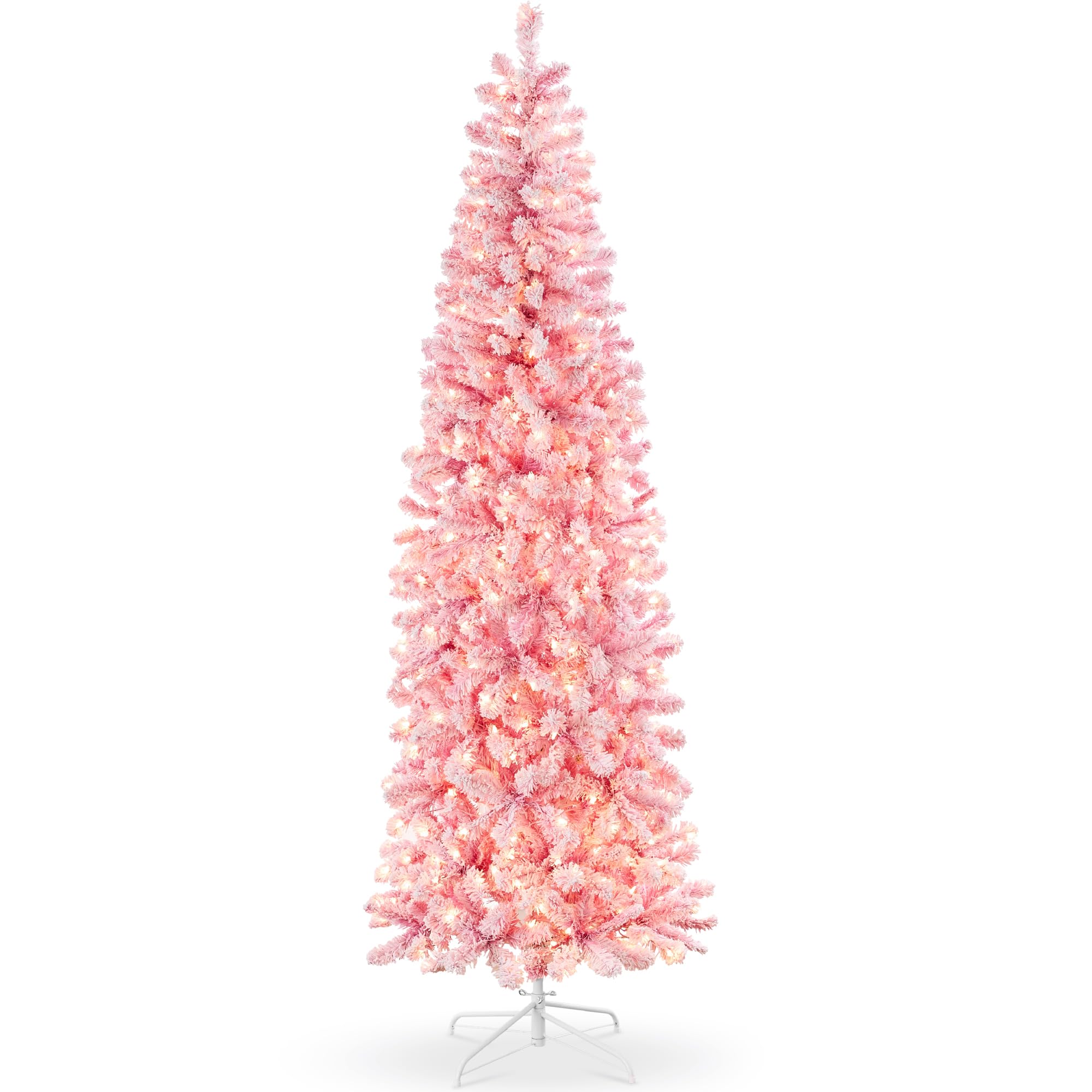 Best Choice Products Flocked Pink Pencil Christmas Tree, Pre-Lit Slim Artificial Holiday Decoration, 12ft Lighted Skinny w/Base, Warm White Lights Image