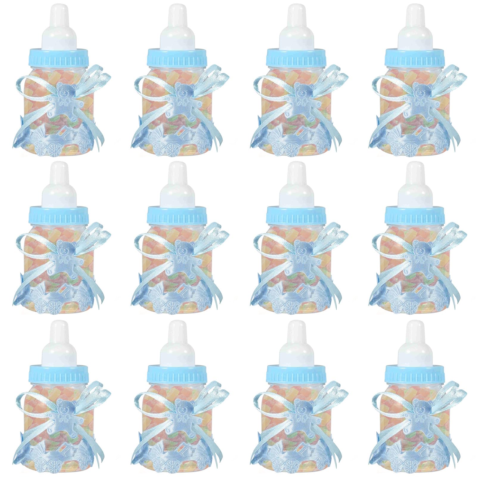 HERCHR 12Pcs Candy Bottle Gift Box, Fillable Feeder Style Baby Shower Feeding Bottle Blue Candy Box with Bear for Baby Shower Party Decoration
