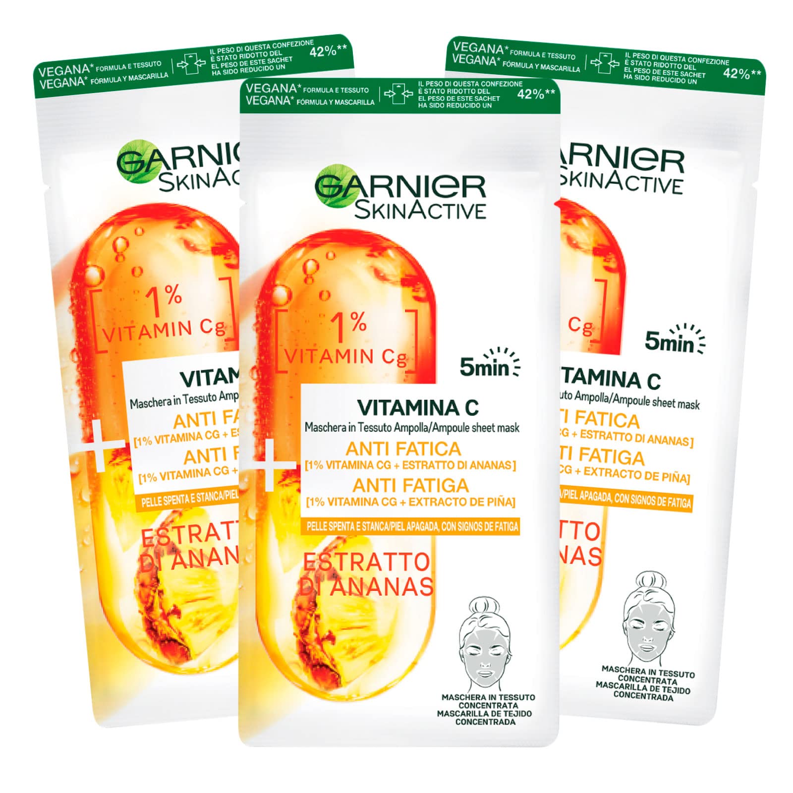 3x Garnier SkinActive Vitamin C Fabric Mask Concentrated Ampoule Anti Fatigue and Antioxidant Effect with Pineapple Extract - 3 Disposable Masks