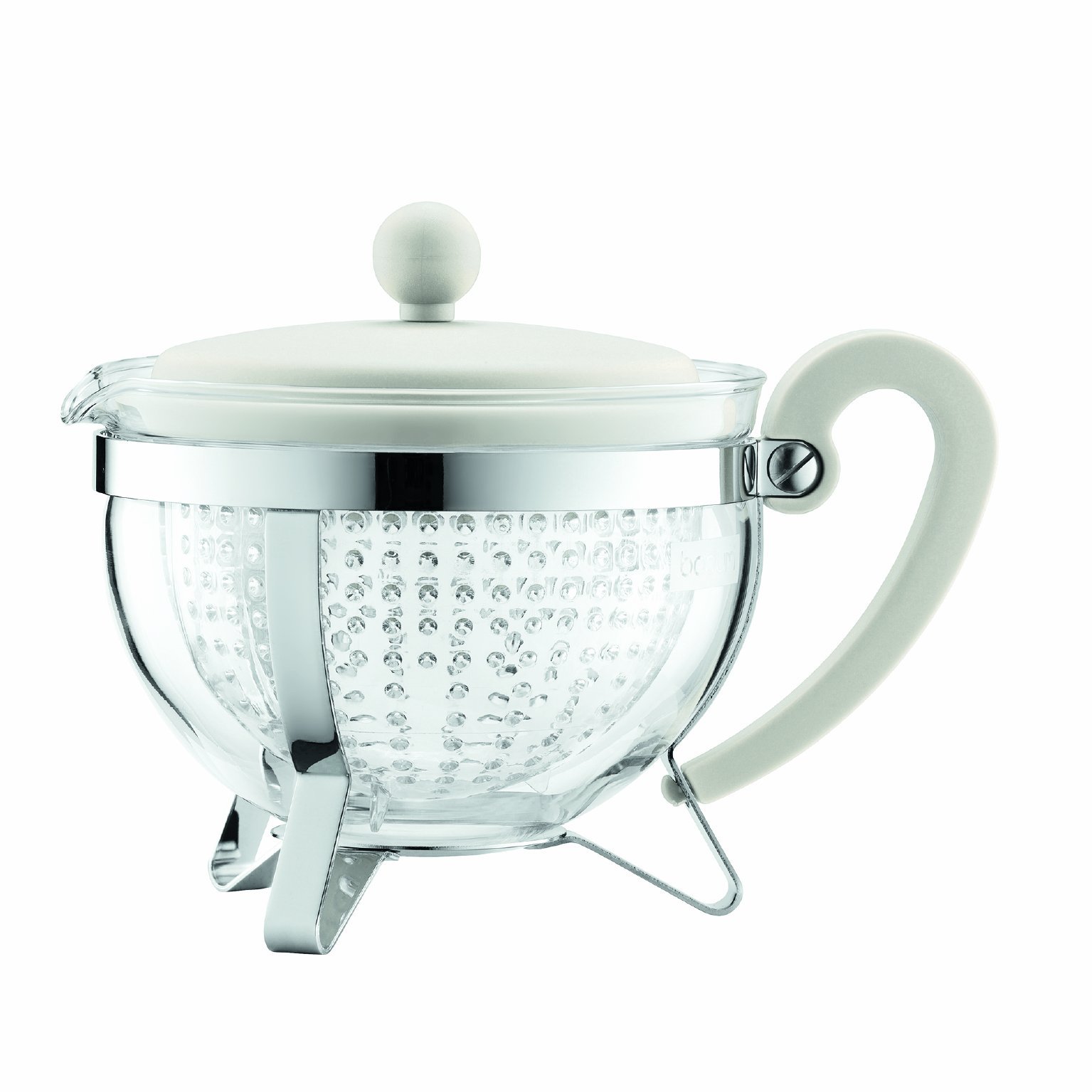 BODUM 1 Litre Borosilicate Glass Chambord Teapot with Coloured Handle/Transparent Filter and Lid, White, 1975-913