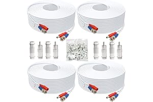 Aimyzii BNC Cable 150ft 4 Pack BNC Video Power Cable,All-in-One Video Security Camera Cable for CCTV Camera DVR Security Systems(Included 8X BNC Adapters,100 Pcs Cable Clips)-White