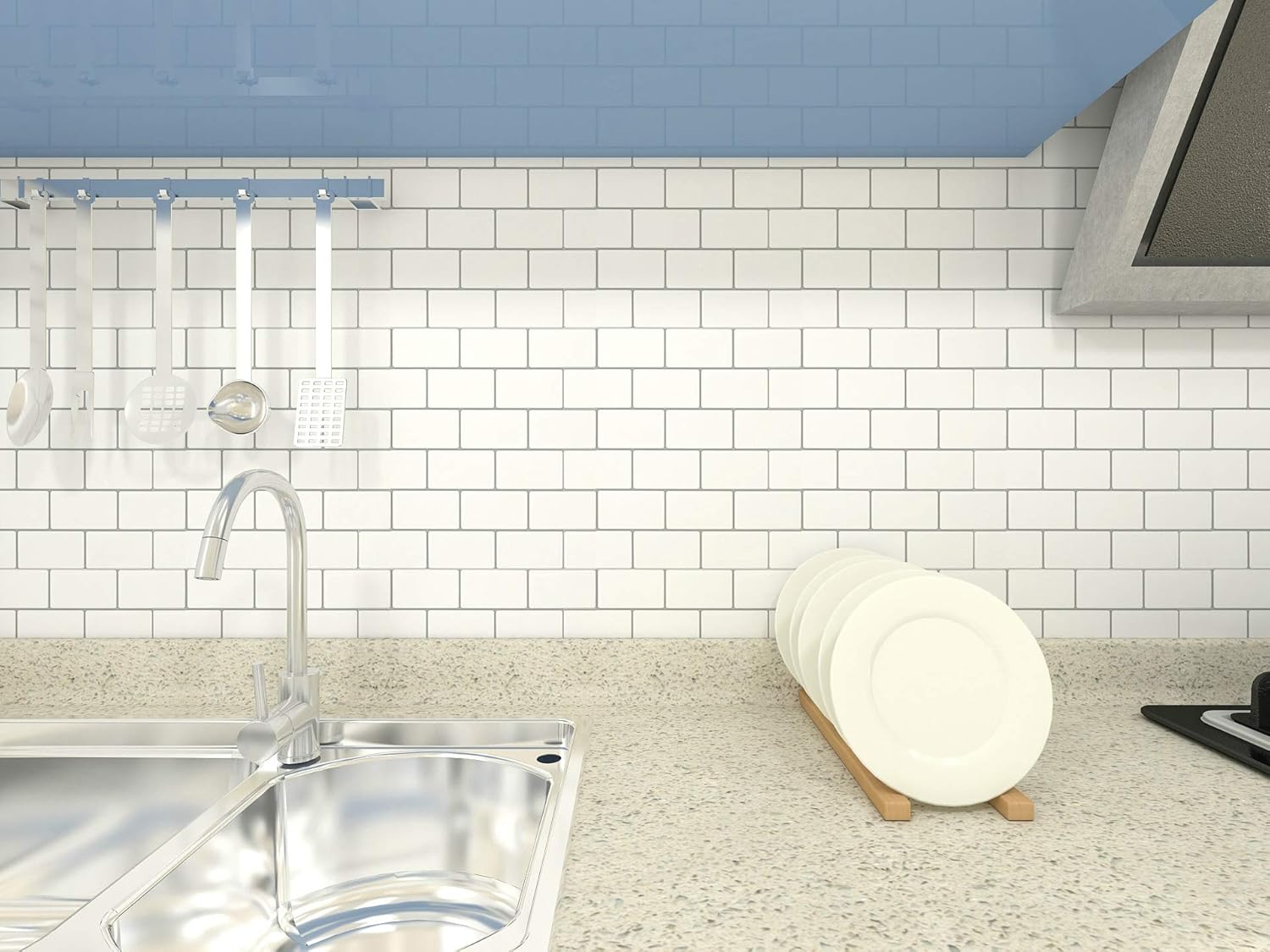 10-Sheet Peel and Stick Tile for Kitchen Backsplash, 12x12 inches White Subway Tile with Grey Grout: Home & Kitchen