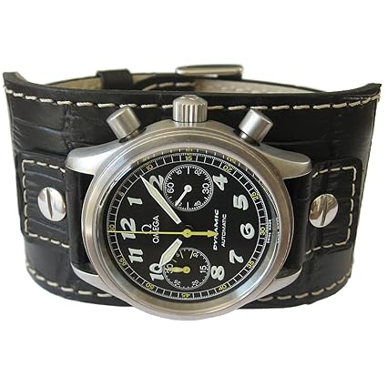 22mm Black Riveted Cuff Crocodile-Grain Leather German Watch Strap