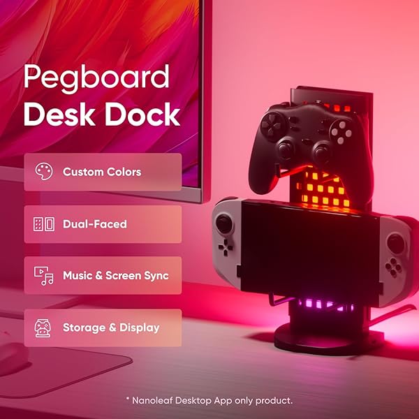 NANOLEAF PEGBOARD DESK DOCK, 3-IN-1 SMART TABLE LAMP WITH DUAL-SIDED LED LIGHTING, USB-A & USB-C CHARGING, 50 LUMENS, 64 RGB LEDS, WORKS WITH NANOLEAF DESKTOP APP, BLACK