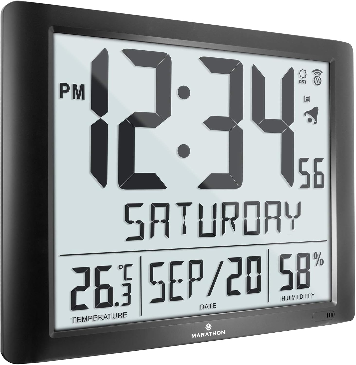 Marathon Super Jumbo Atomic Full Calendar Wall Clock, 7 Time Zones, Indoor Temperature and Humidity. Extra Large 20 Inch Display - Batteries Included - CL030061-FD-BK (Black)