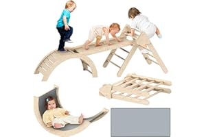 QIFEILA Pikler Triangle Set with Mat, 6 in 1 Montessori Climbing Set, Toddler Climbing Toys Indoor, Foldable Pikler Triangle Climbing Set for Toddlers, Wooden Climbing Toys with Ramp and Arch Climber for Kids