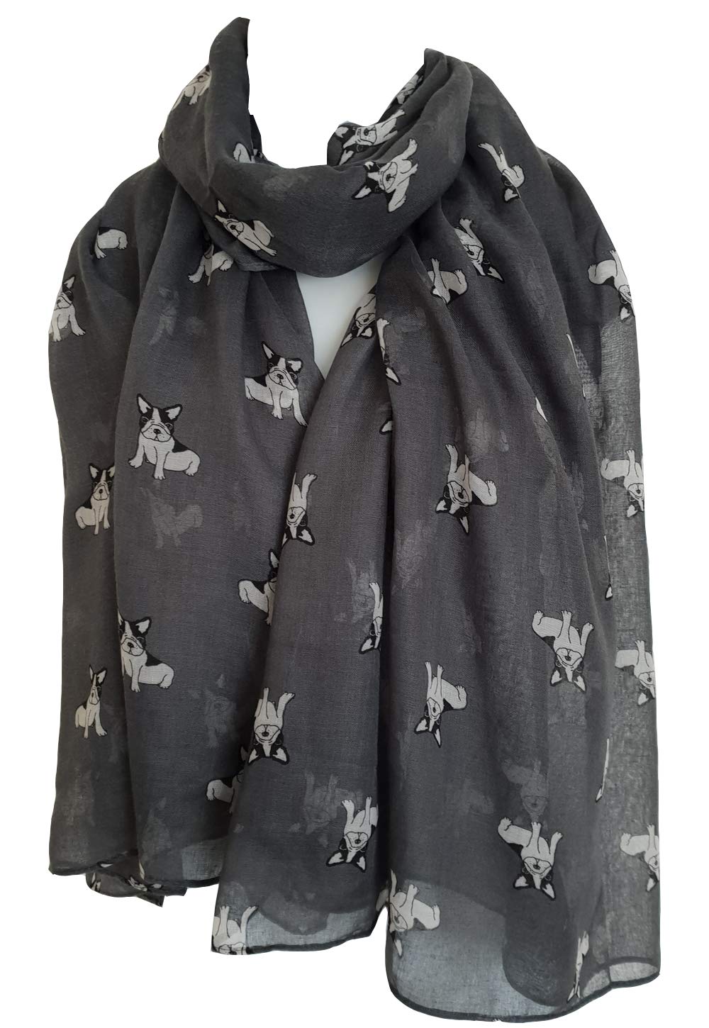 GlamLondon Little Bulldog Print Scarf Long Size French Dogs Animal Printed Ladies Wrap (C18 - Grey)