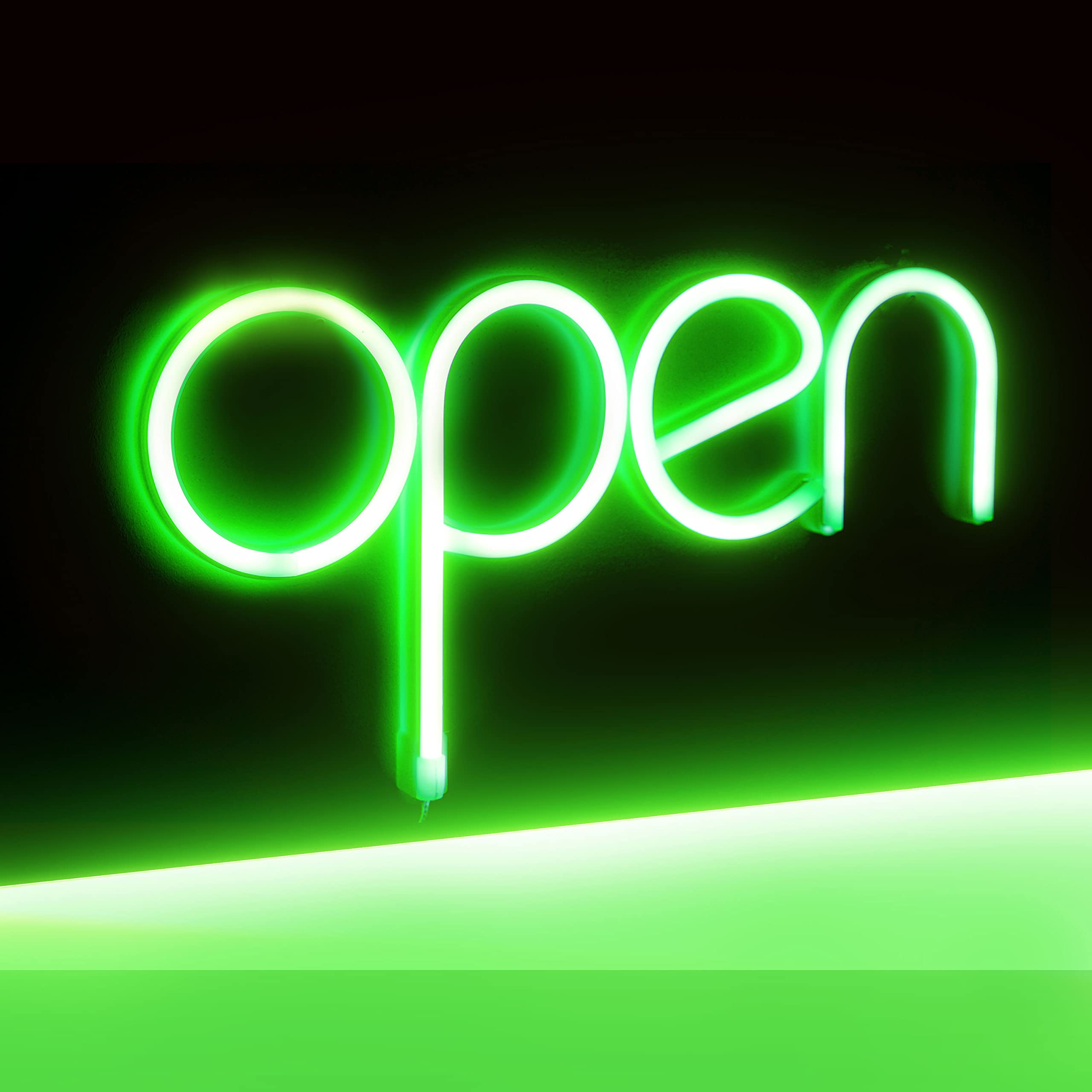Photo 1 of **DIRT**LED Neon Open Sign, 13.8"x 7.1" Open Sign for Business, Powered by USB Cord or 3*AA Batteries, Neon Lights for Party Bar Salon Stores Hotel Wall Decor Neon Light Sign (Green)