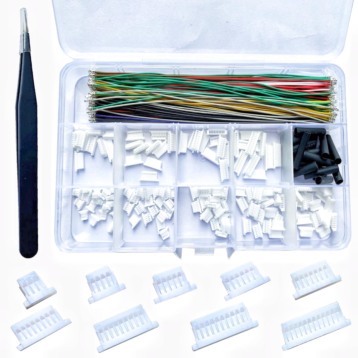 Photo 1 of JST SH 1.0mm Connector Kit with 28 AWG Premium Pre-Crimped Cables 150mm Wire, 1.0mm Pitch 3/4/5/6/7/8/9/10/12 Pin Housing JST-SH 1.0 Micro Adapter Cable Connector