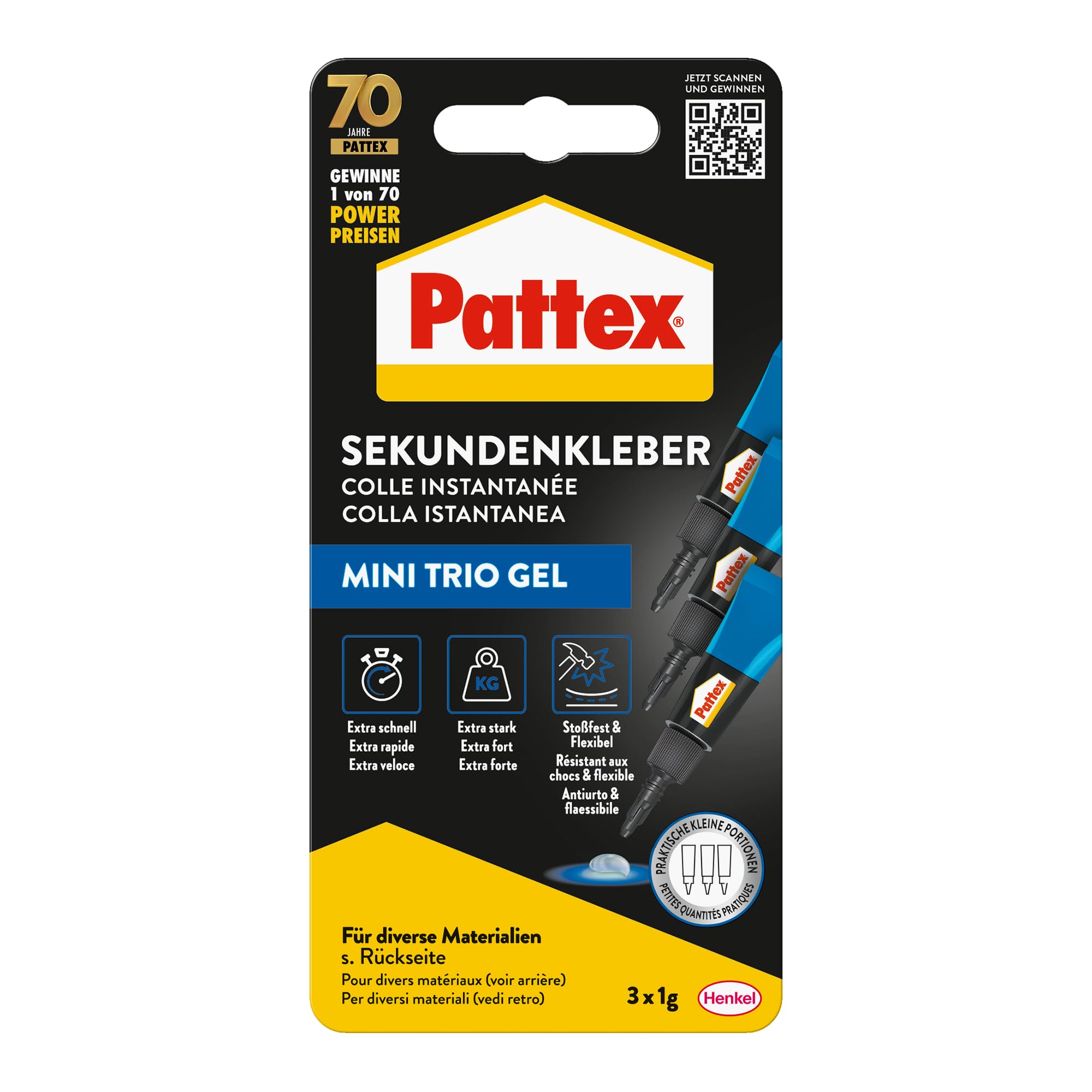 Pattex 1867001 "Mini Trio Gel" Superglue, Black/Blue, 1 g