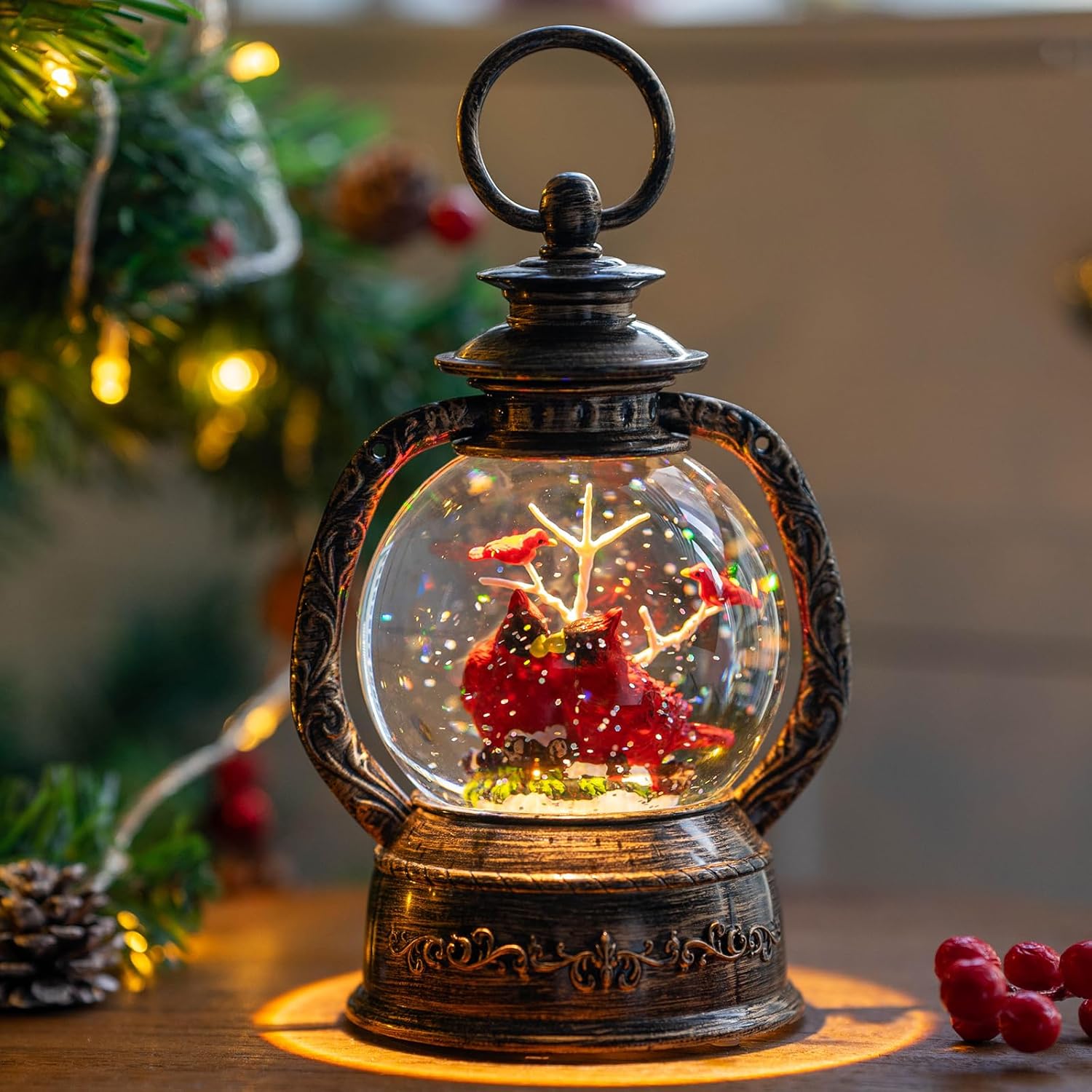 Snow Globes - Musical Snow Globe Lantern Christmas Snow Spinning Water Glittering Home Decoration and Gift (Cardinal)