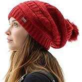 TOP-EX PolarWool™ Winter Slouchy Beanie for Women Icelandic Wool with Faux Fur Pom - Satin or Fleece Lined for Cold Weather