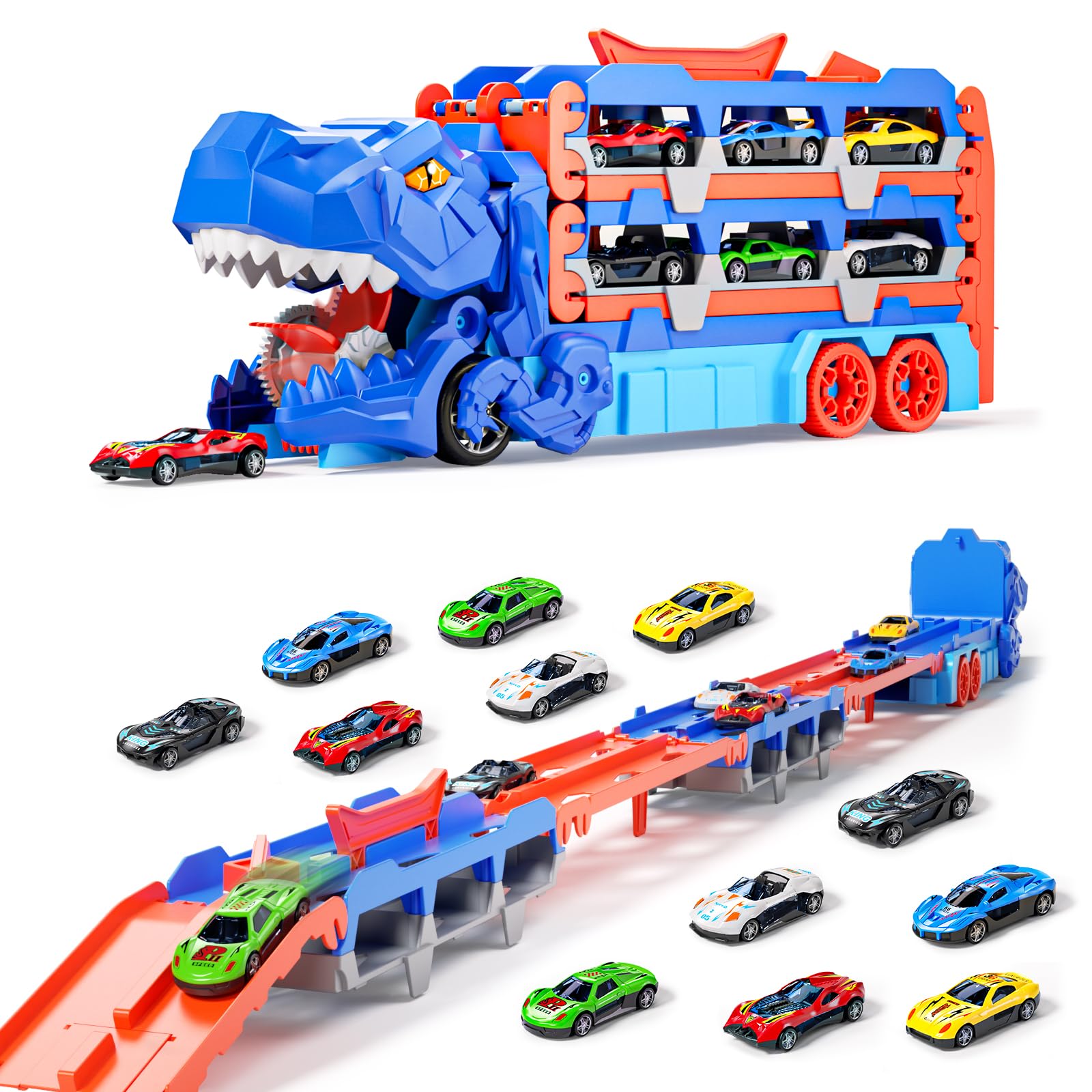 Doloowee 2 in 1 Dinosaur Car Toys for 3 4 5 Year Old Boys, Portable Transport Truck with 12 Mini Race Cars, Dinosaur Race Track Toys for Kids 3 4 5 6 7 8+ Years Old