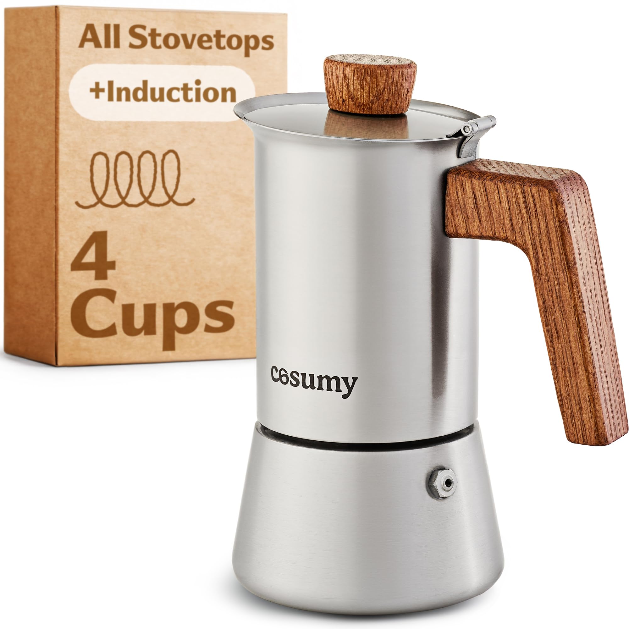 Cosumy Espresso Maker - Moka Pot 4 Cups (200ml) Induction-Safe - Stainless Steel for All Hobs - FSC Wood
