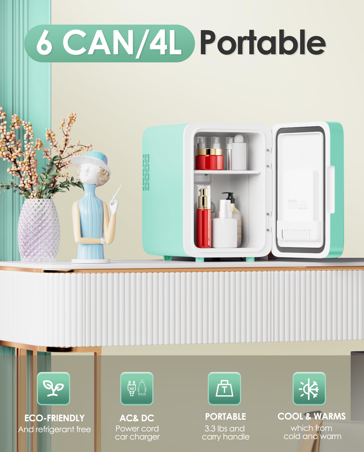 CUTIEWORLD Skincare Fridge, Makeup Fridge for Bedroom, Green
