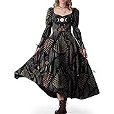 CORAMOON Womens Black Floral Dresses Gothic Celestial Maxi Sundresses Long Sleeve Casual Boho Flowy Dress Valentines Outfit