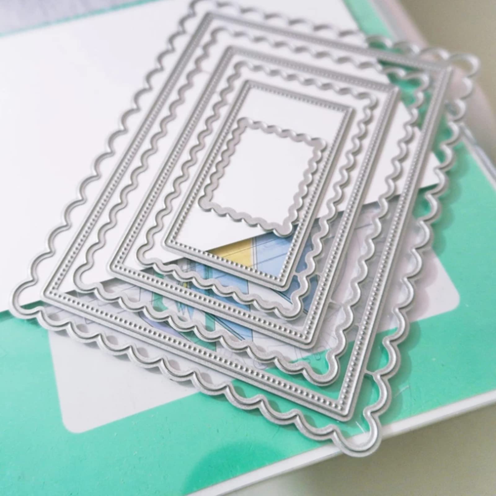 hinana 7pcs/Set Rectangle Frame Metal Die Cuts, Scallops Stitched Nesting Tag Background Cutting Dies for DIY Scrapbooking Album Decorative Embossing Paper Card Making